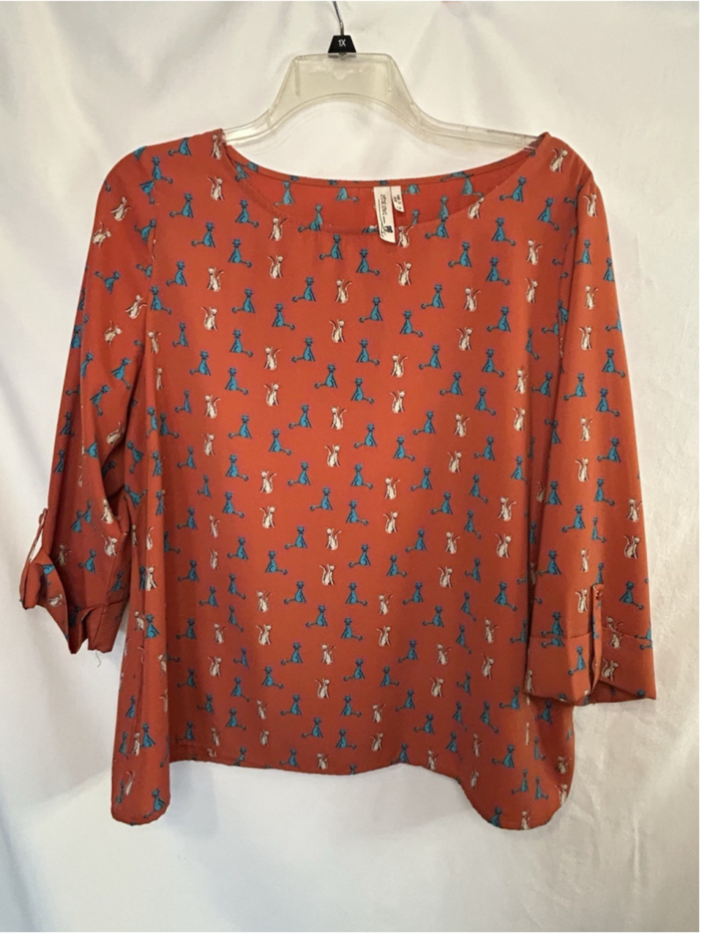 Pink Owl Apparel Whimsical Cats Top Shirt Size 1X Plus Retro Turquoise Cream EUC